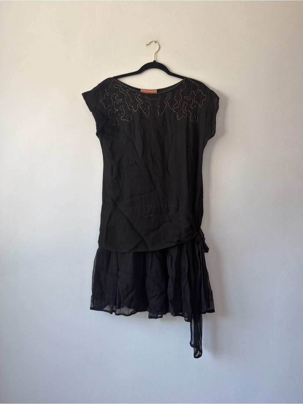 Moon glow Black Mini Dress with Beaded Yoke